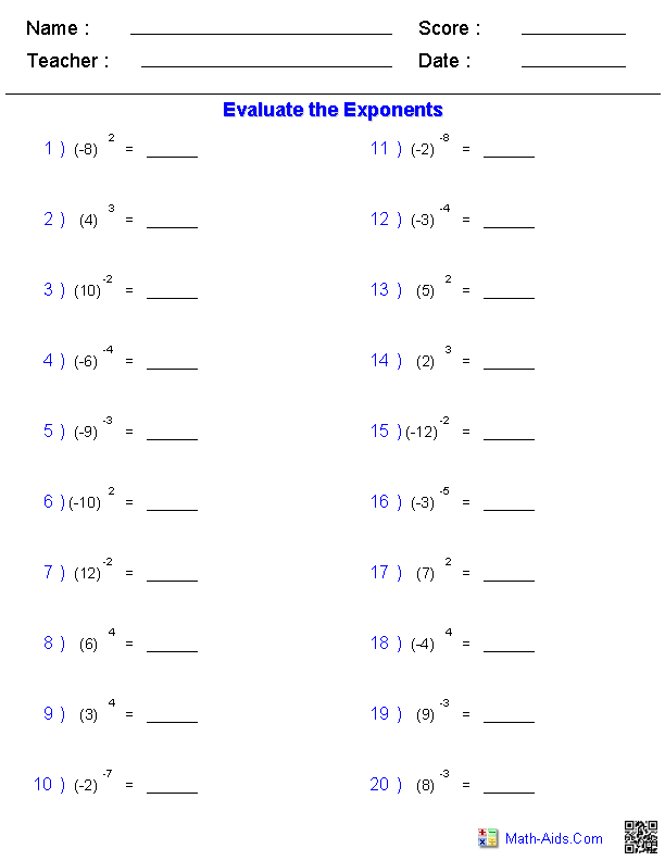 20 X 8 Math Exponents Worksheets