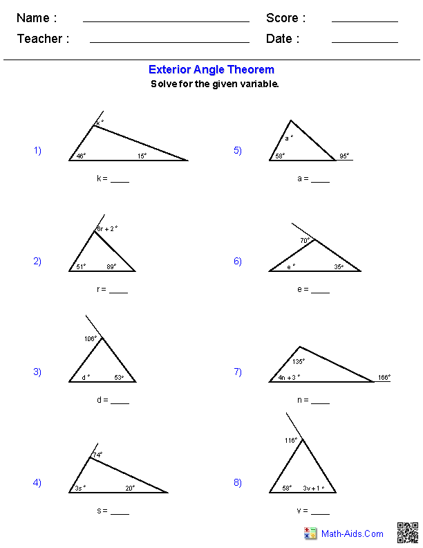 Exterior Angle Theorem Geometry Worksheets