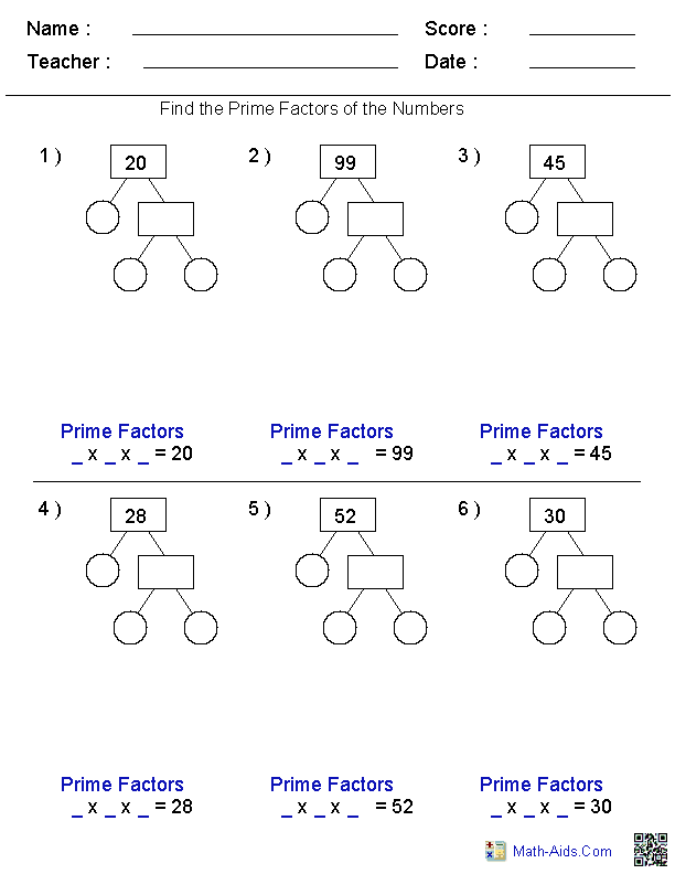 Prime Factor Trees Fractions Worksheets