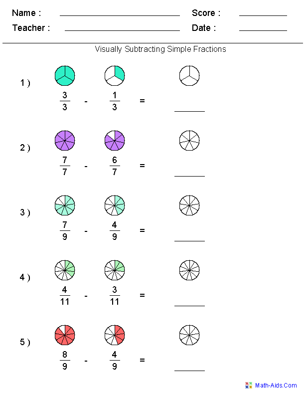 Visually Subtracting Fractions Worksheets