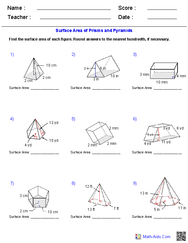 Surface Area Worksheet Math Aids