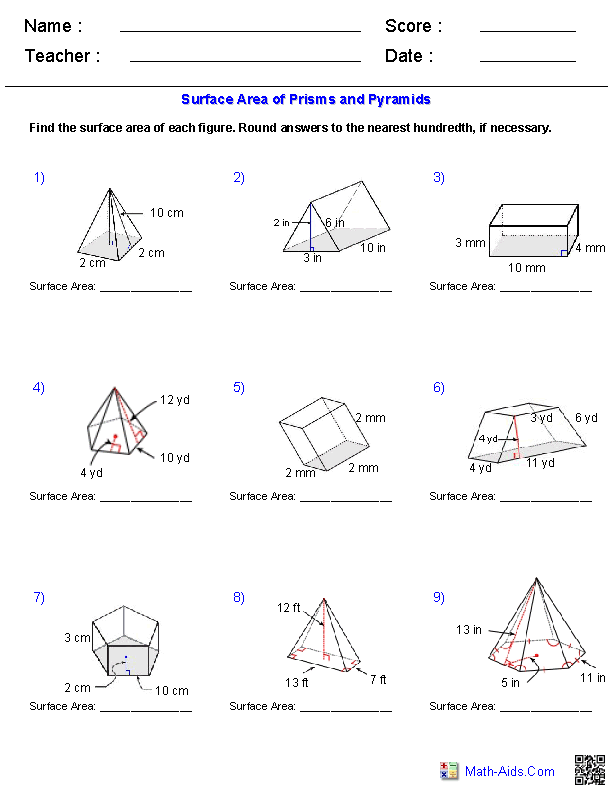 Geometry Worksheets Surface Area Volume Worksheets