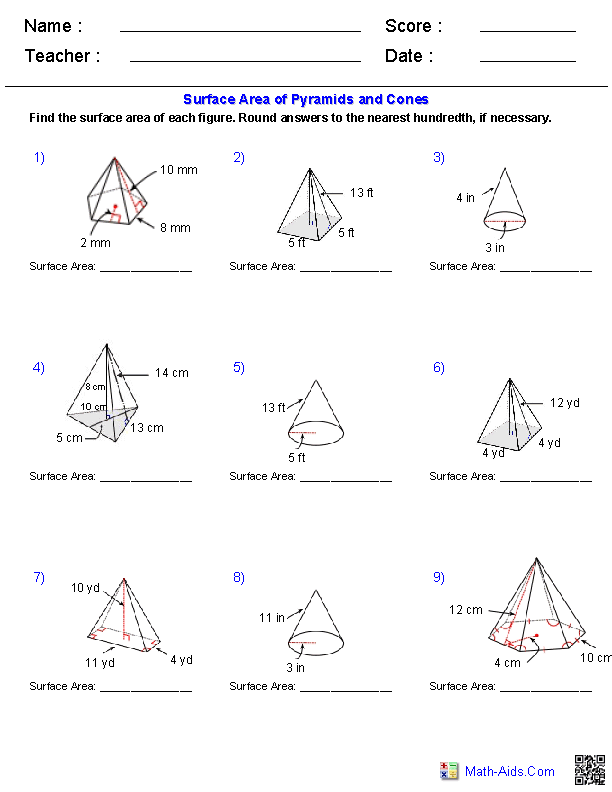 Pyramids and Cones Surface Area Geometry Worksheets