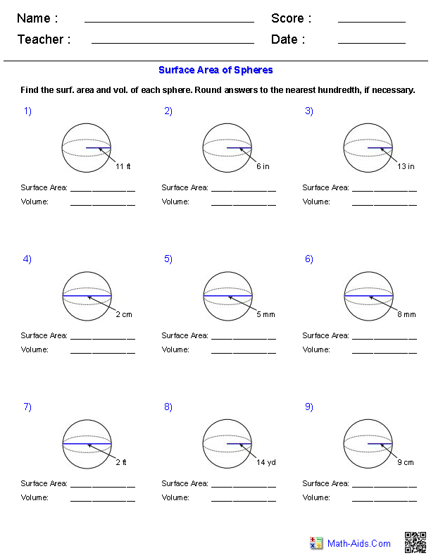 Volume And Surface Area Of A Sphere Worksheet Inspireya