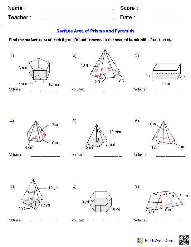 Volume of Prisms and Pyramids Geometry Worksheets