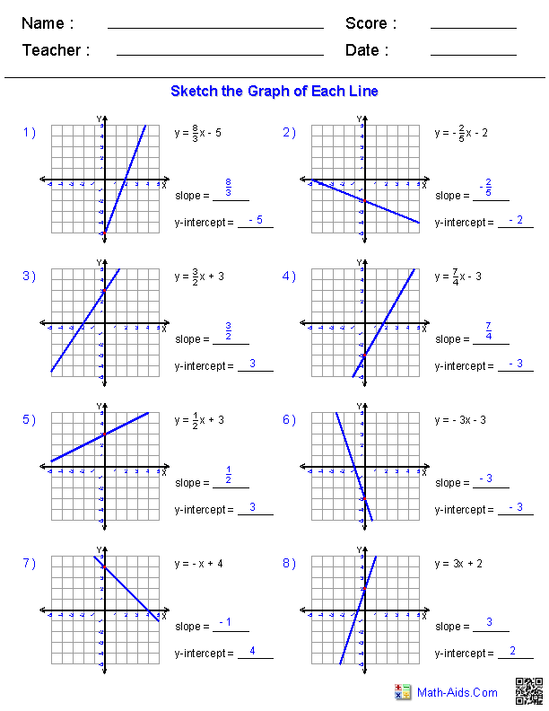write the equation of each line in slope intercept form worksheet