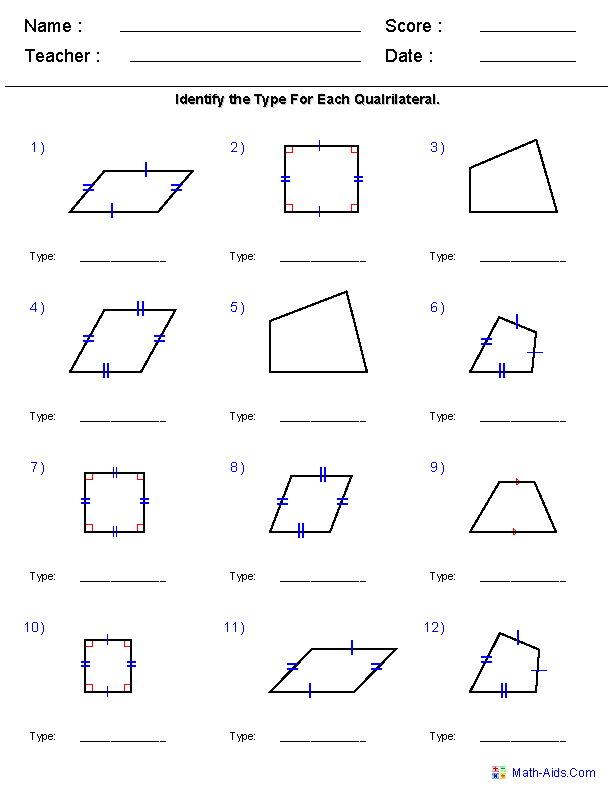 Identifying Quadrilaterals Worksheets