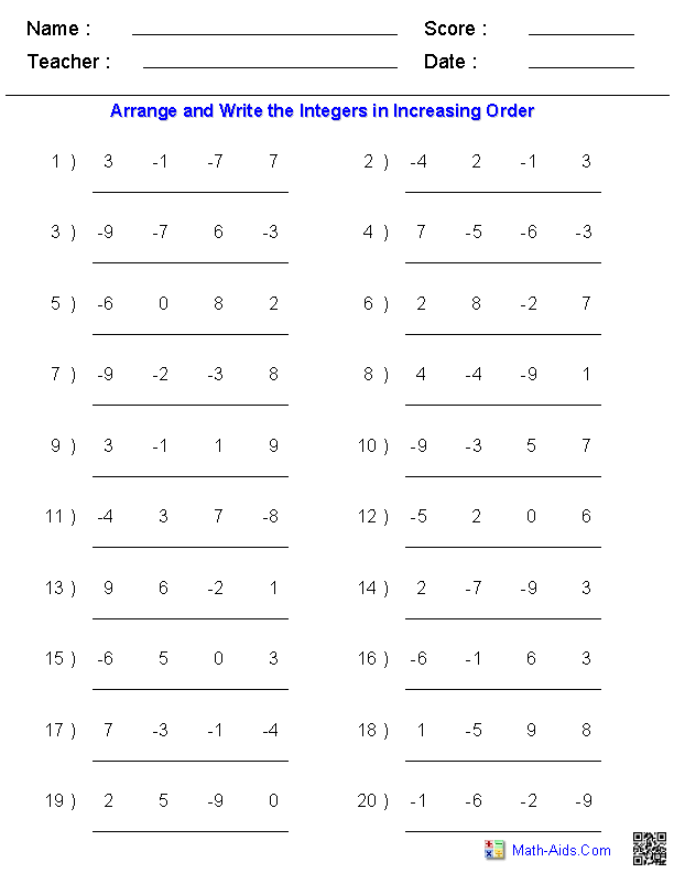 Arranging Order of Integers Worksheets