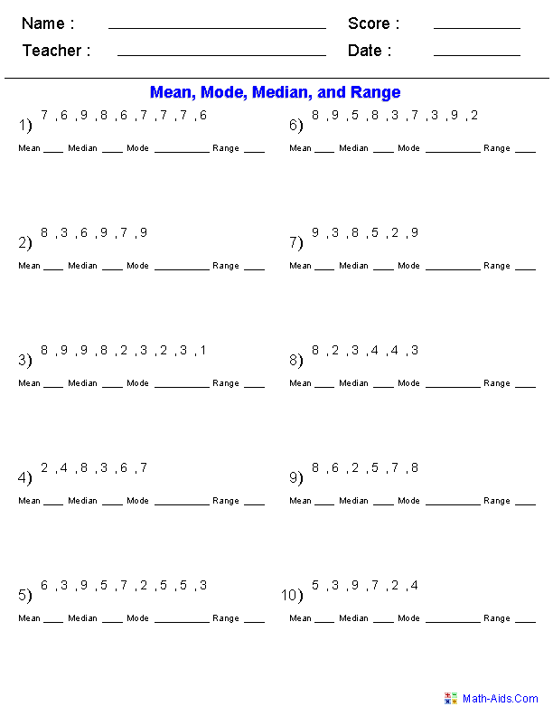 Range Median And Mode Worksheets