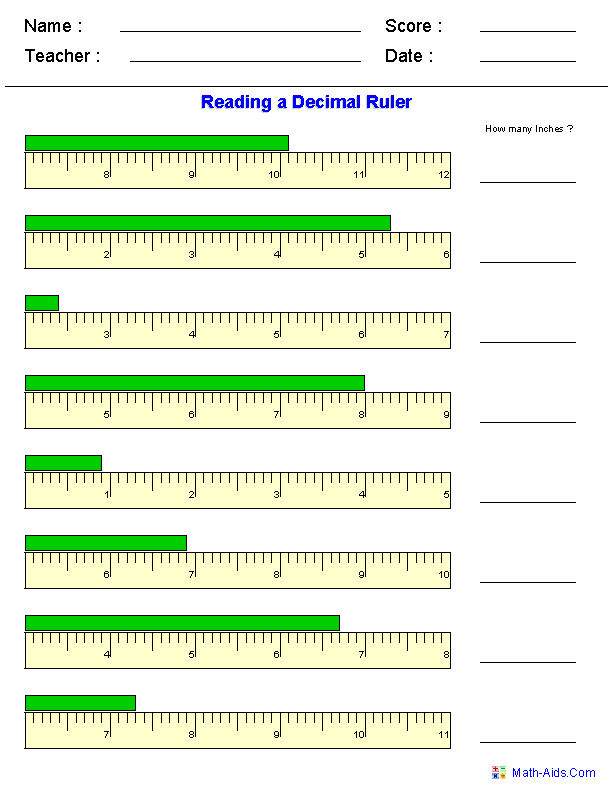 Reading a Decimal Ruler Measurement Worksheets