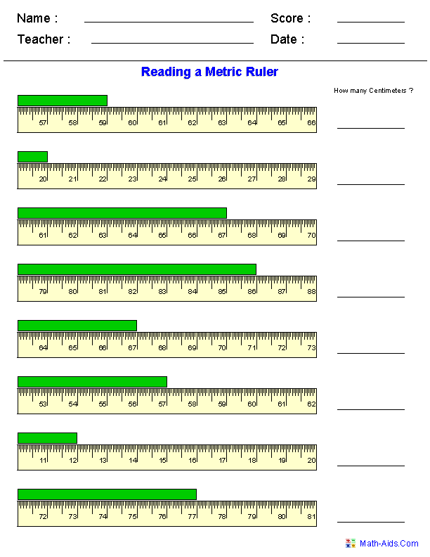 Reading a Metric Ruler Measurement Worksheets