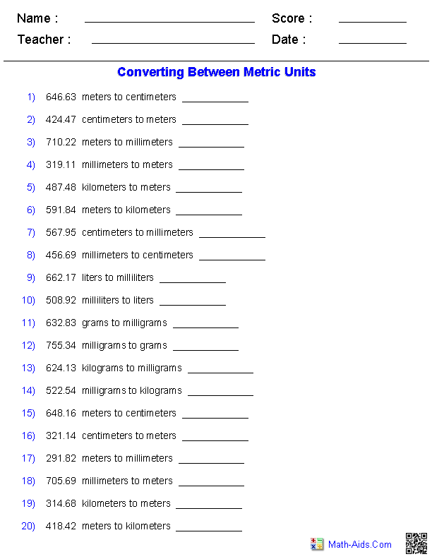 Metric Conversion Quiz Measurement Worksheets