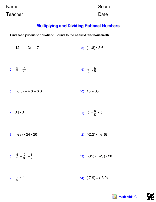 Mult. & Div. Decimals and Fractions Algebra 1 Worksheets