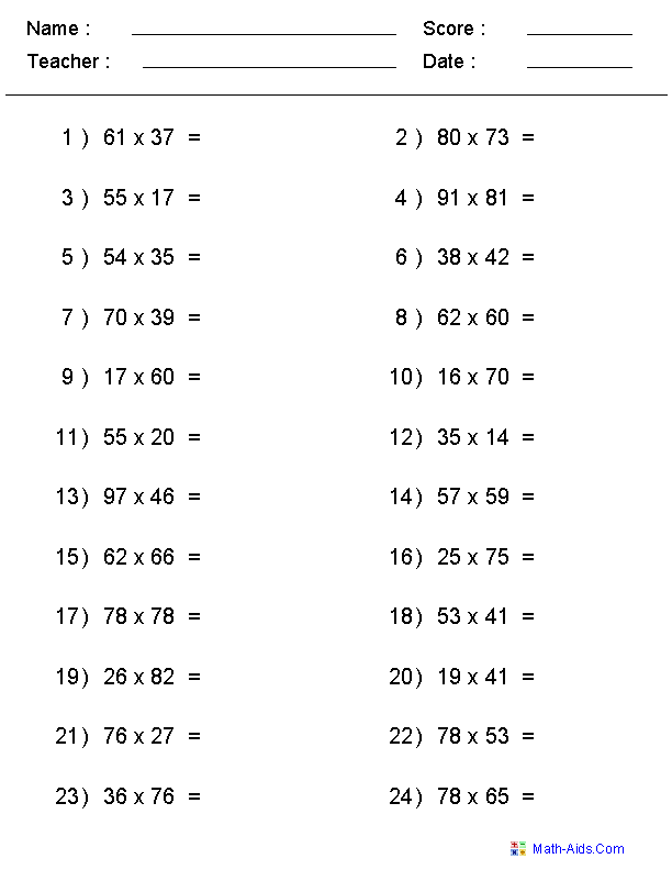 Single or Multiple Digit Multiplication Worksheets
