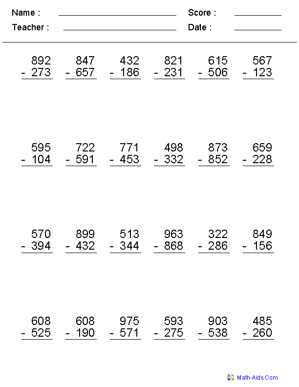 2, 3, or 4 Digits Subtraction Subtraction Worksheets