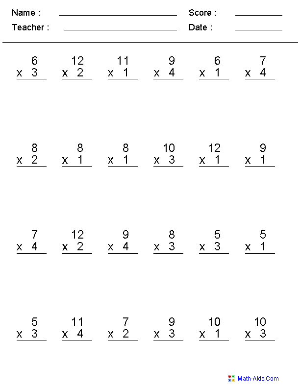 Multiplication Problems 0-12 Worksheets