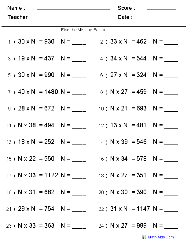 Missing Factor Multiplication Worksheet