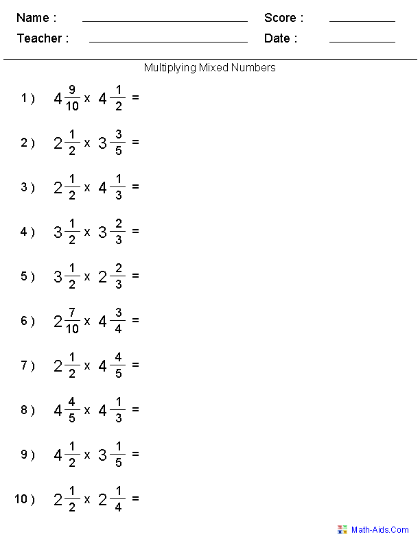 Subtracting Mixed Fractions Worksheets Grade 7