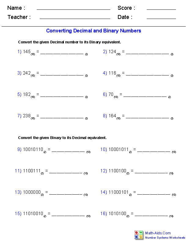 Worksheet On Binary Number System