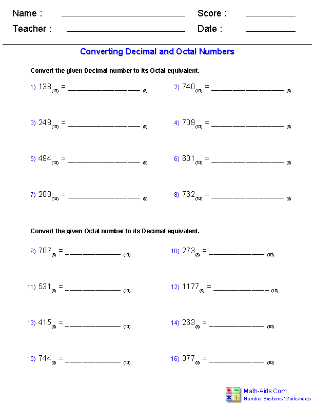 Decimal & Octal Number Systems Worksheets