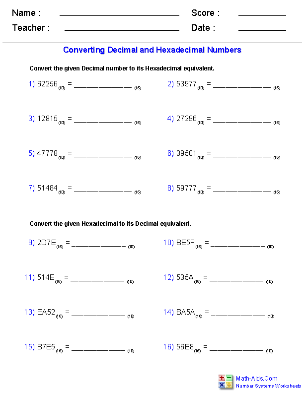 Decimal & Hexadecimal Number Systems Worksheets