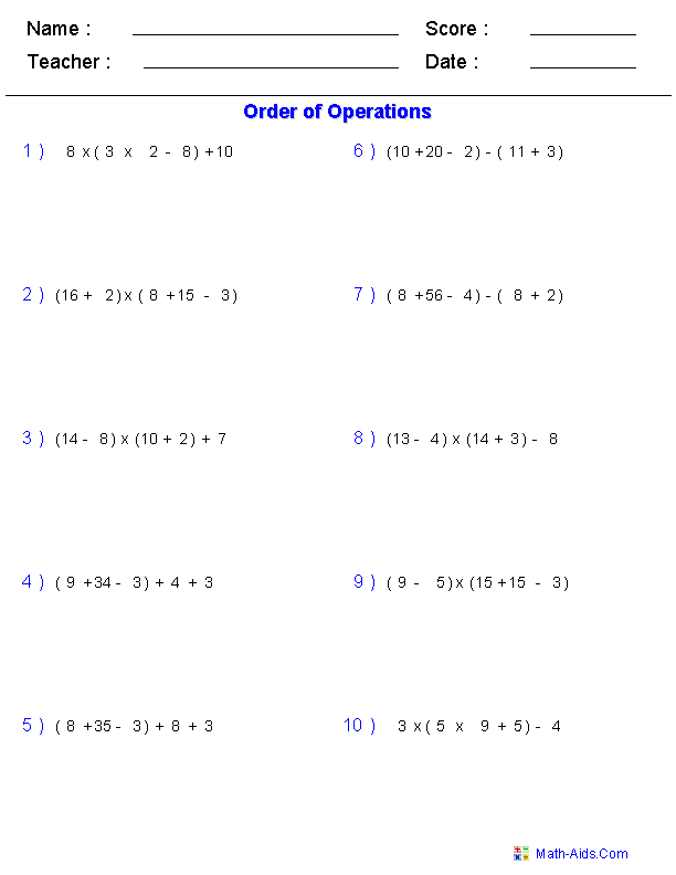 Problems without Division Order of Operations Worksheets