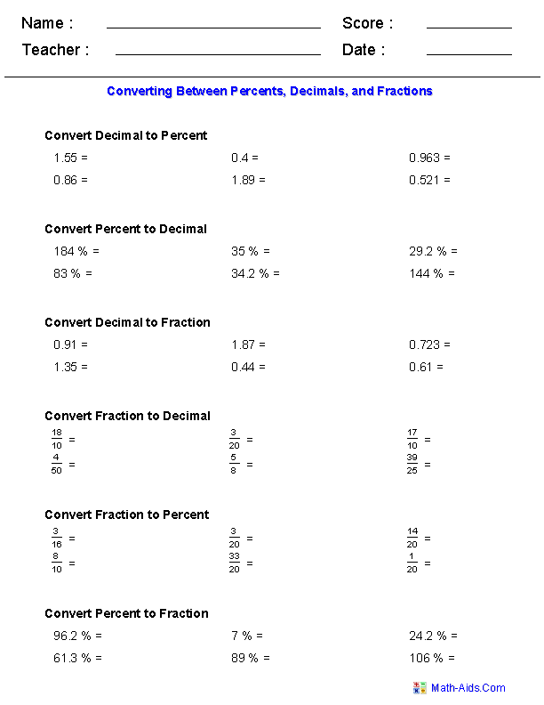 Converting Between Percents, Decimals, and Fractions Percent Worksheets