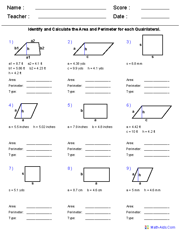 Quadrilateral Area Geometry Worksheets