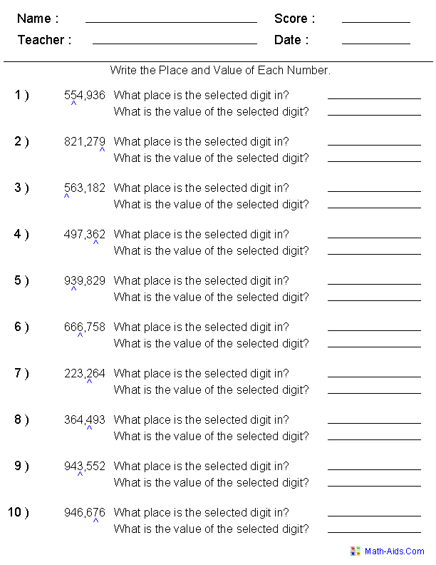 place value and value of a number worksheets