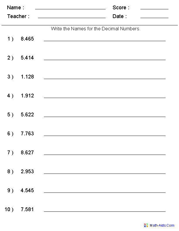 Writing Word Names for Decimal Numbers Place Value Worksheets