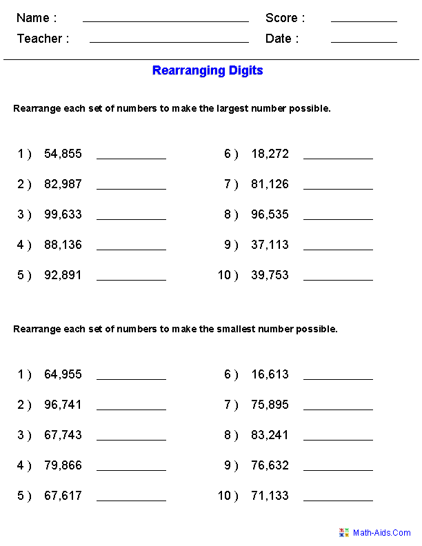 Rearrange Digits for Numbers Place Value Worksheets
