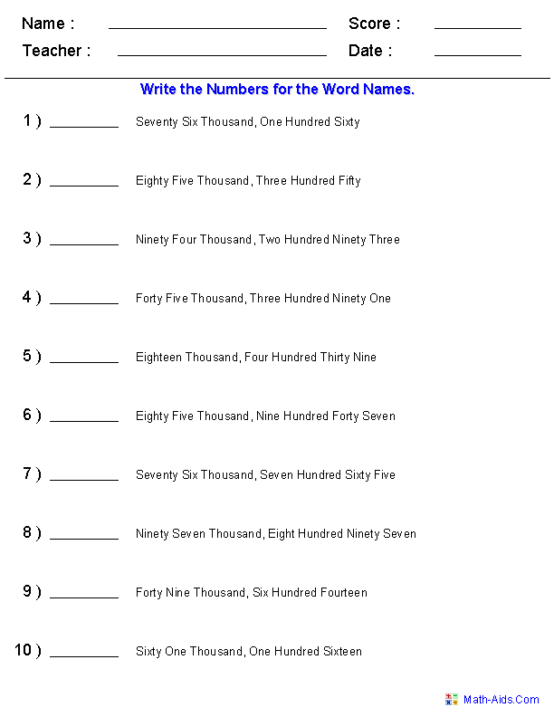 Writing Integers for the Word Names Place Value Worksheets