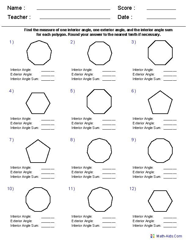 Regular Polygon Angles Geometry Workhsheets