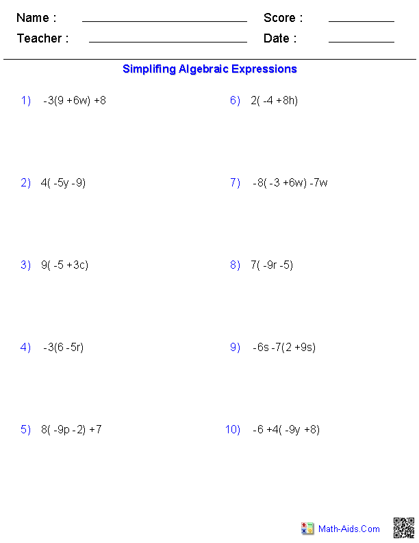 Distributive Property Expressions Worksheets