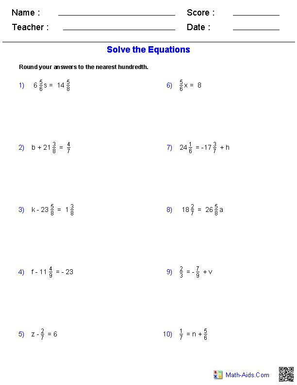 One Step Fraction Equations Equations Worksheets