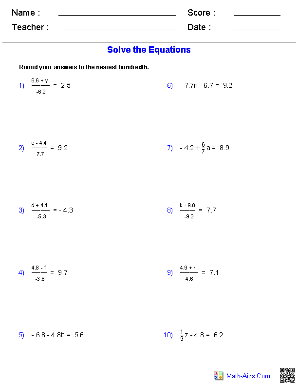 Two Step Decimal Equations Equations Worksheets