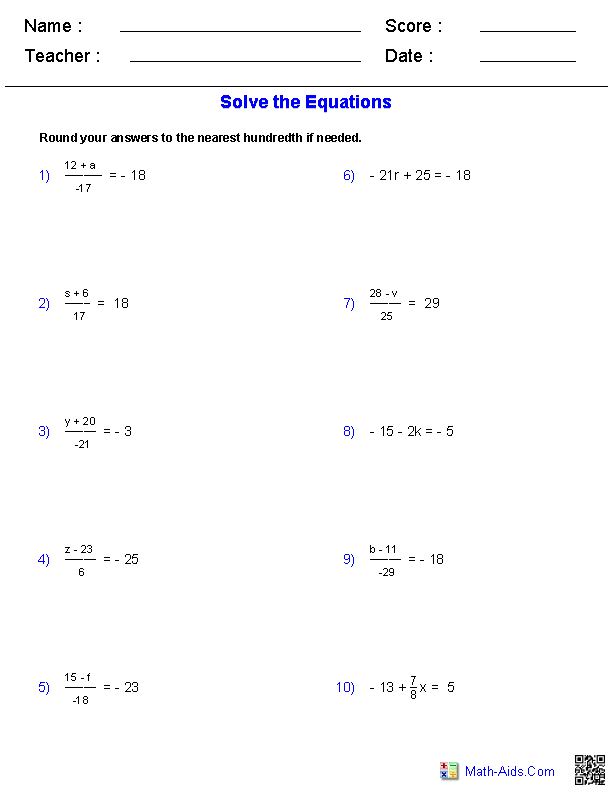 Two Step Integer Equations Equations Worksheets
