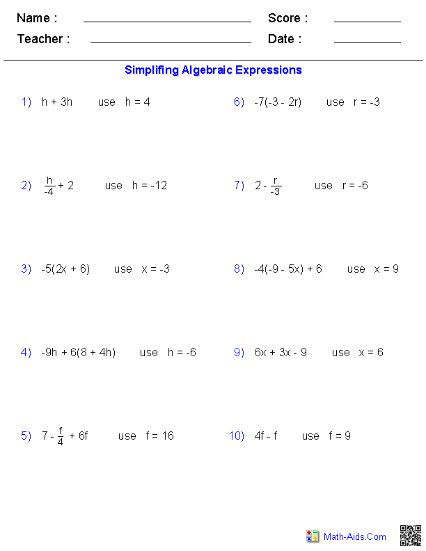 Variables In Math Worksheets