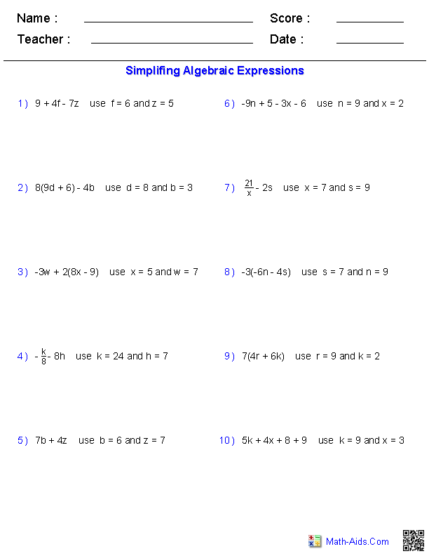 Evaluating Expressions Basics Worksheets