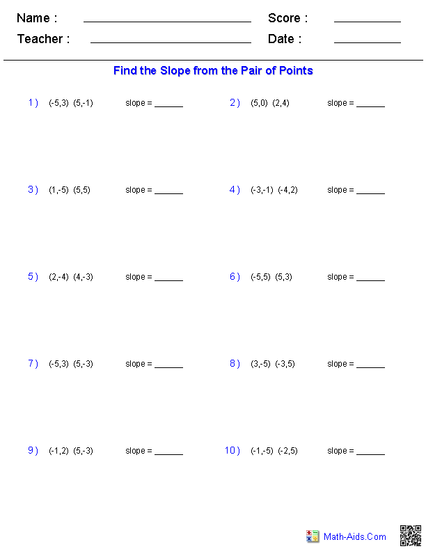 Finding the Slope of a Pair of Points Linear Equations Worksheets