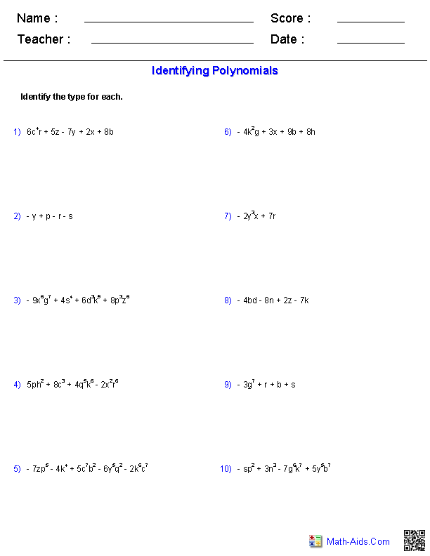 Identifying the type of Polynomial Polynomials Worksheets