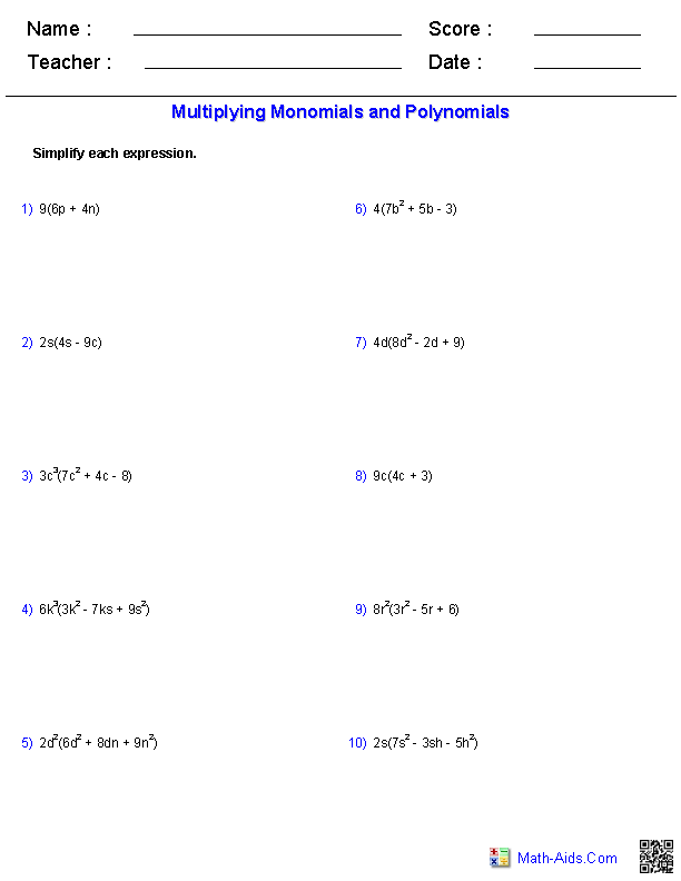 Pre-Algebra Worksheets | Monomials and Polynomials Worksheets