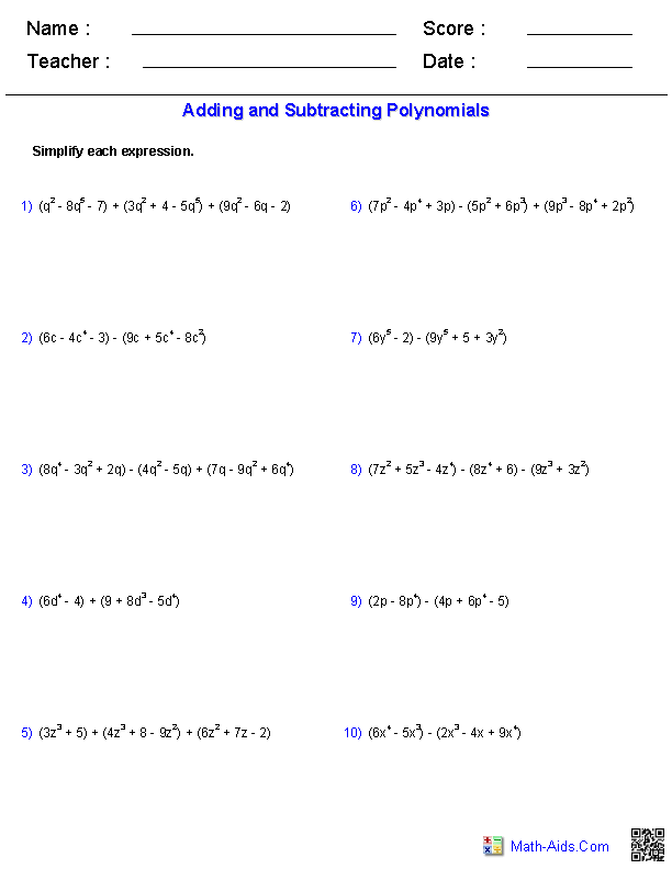 Polynomials Pre-Algebra Worksheets