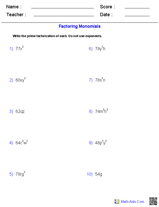 Factoring Polynomials Polynomials Worksheets