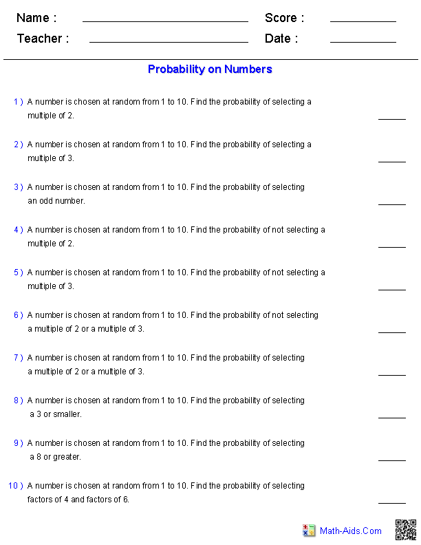 Probabilities with Numbers Probability Worksheets