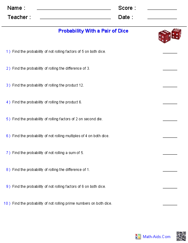 Pair of Dice Event Probabilities Probability Worksheets
