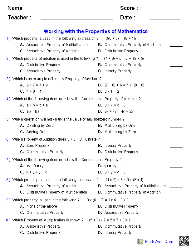 Working with Math Properties Properties Worksheets