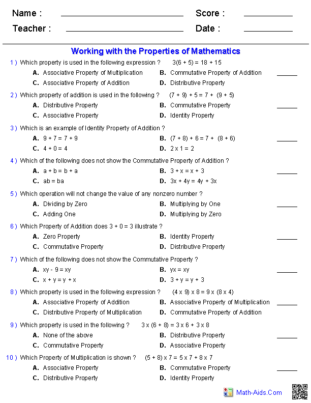 Properties Worksheets Properties Of Mathematics Worksheets