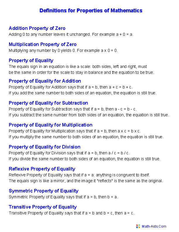 Definitions of Math Properties Page 2 Properties Worksheets