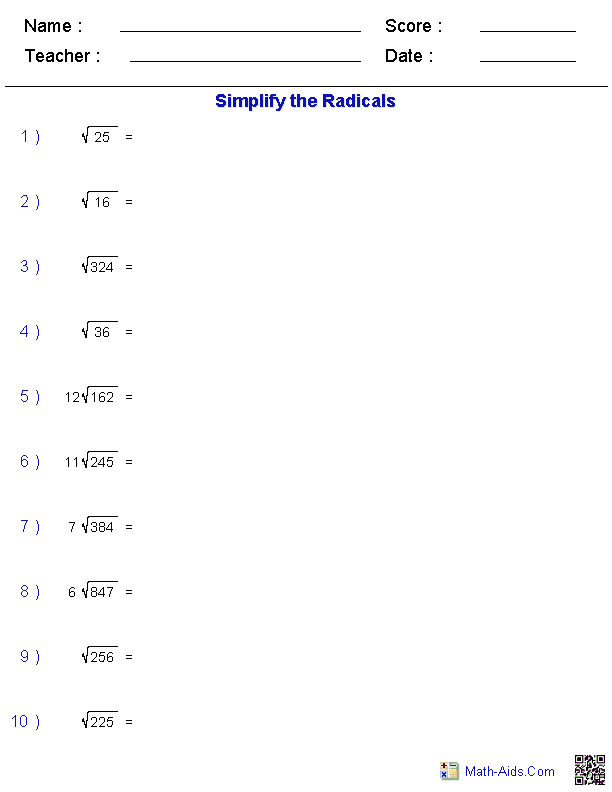 Free Math Worksheets Simplifying Radicals